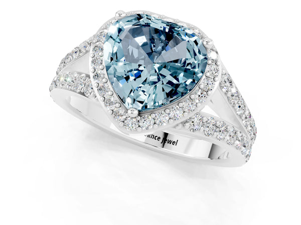 Silver Heart Cut Aquamarine Split Shank Halo Ring with Four-Prong Setting