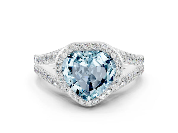 White gold Heart Cut Aquamarine Split Shank Halo Ring with Four-Prong Setting