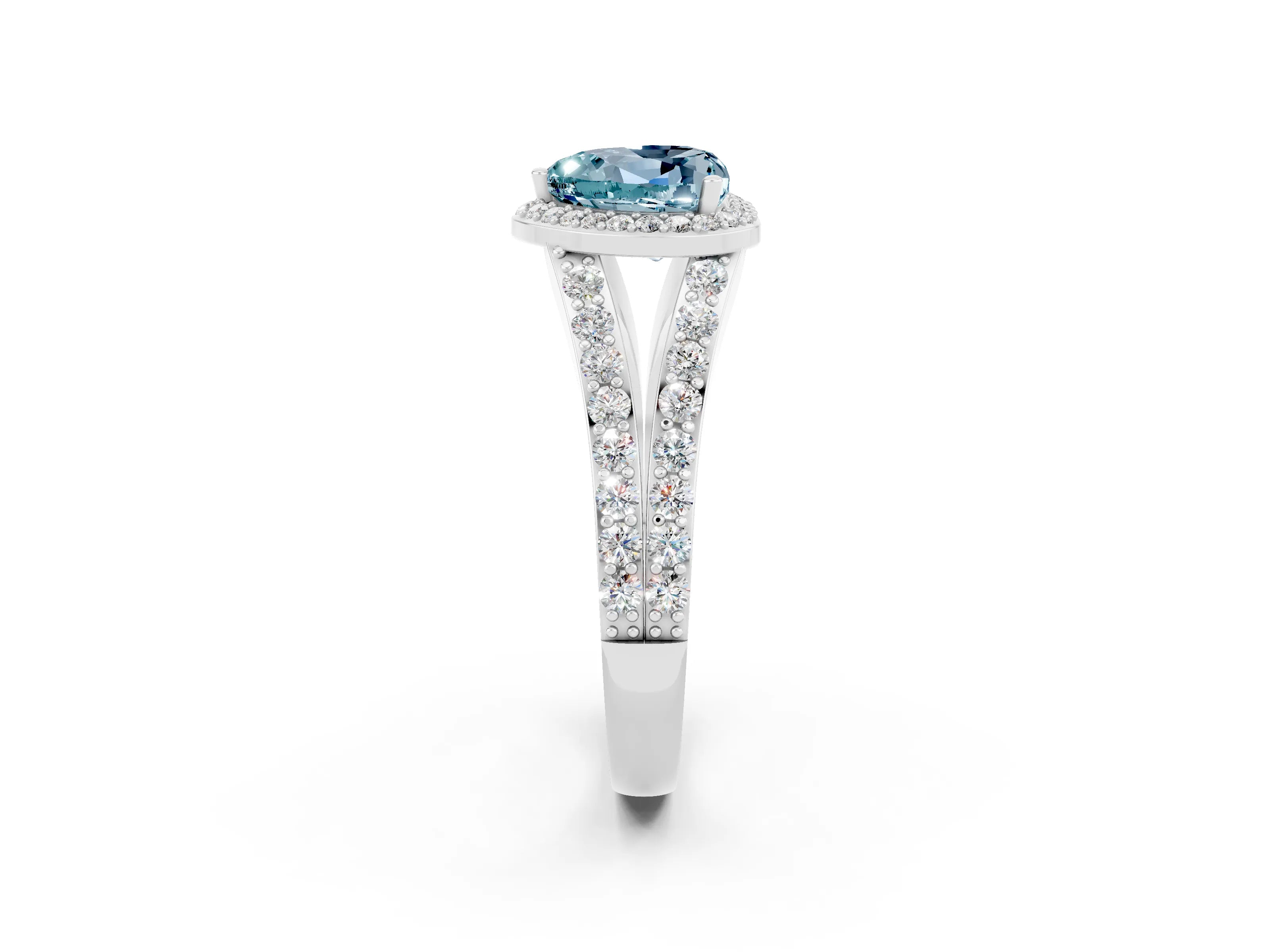 White gold Heart Cut Aquamarine Split Shank Halo Ring with Four-Prong Setting_26