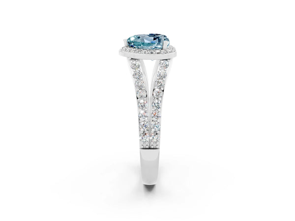 White gold Heart Cut Aquamarine Split Shank Halo Ring with Four-Prong Setting