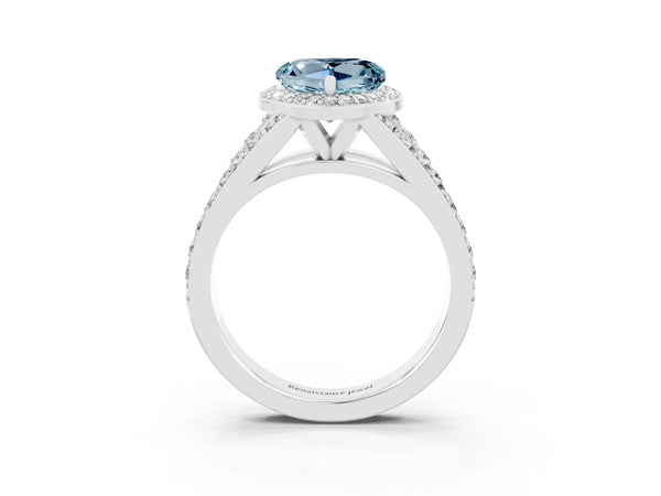 White gold Heart Cut Aquamarine Split Shank Halo Ring with Four-Prong Setting