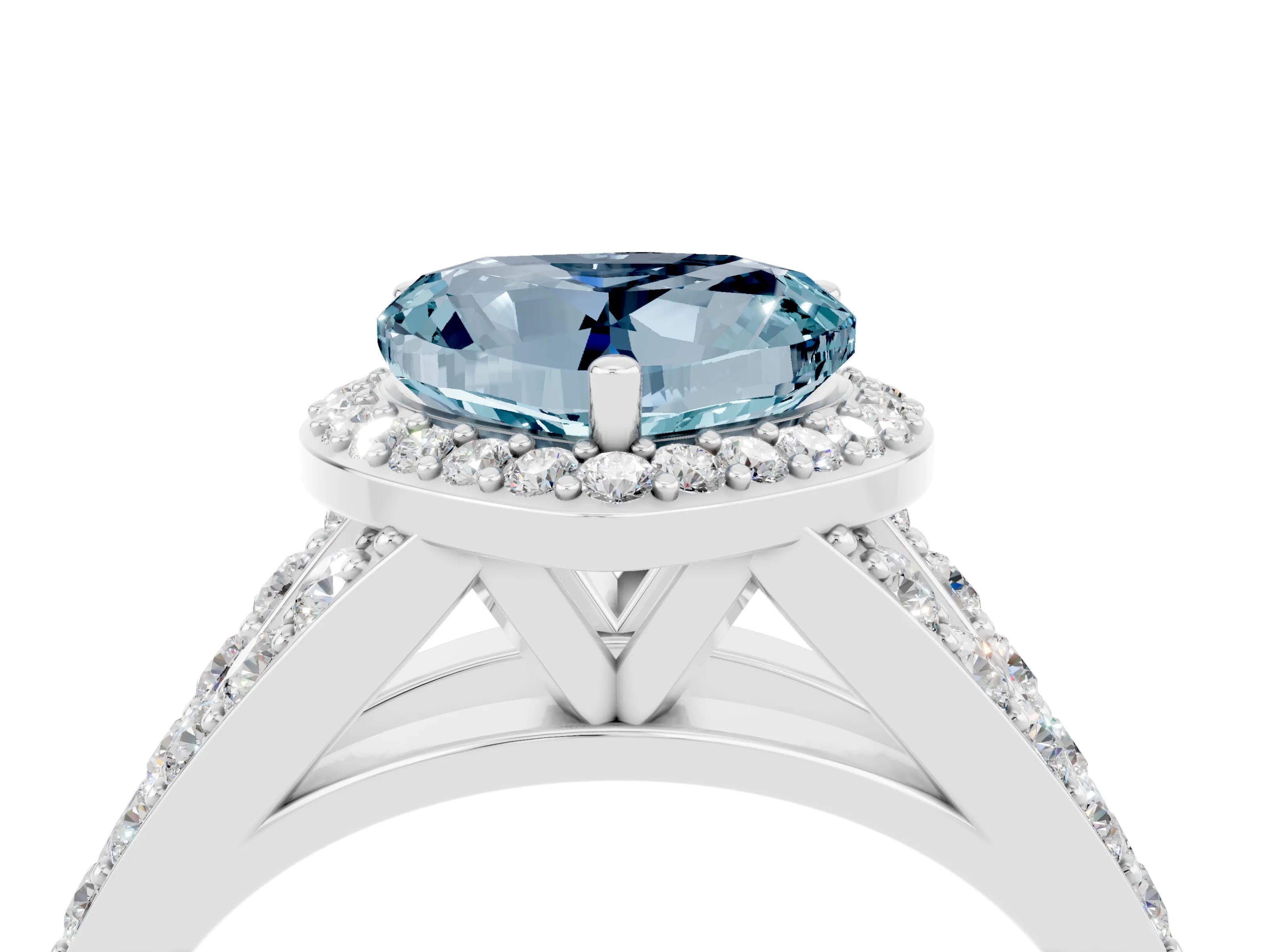 White gold Heart Cut Aquamarine Split Shank Halo Ring with Four-Prong Setting_28