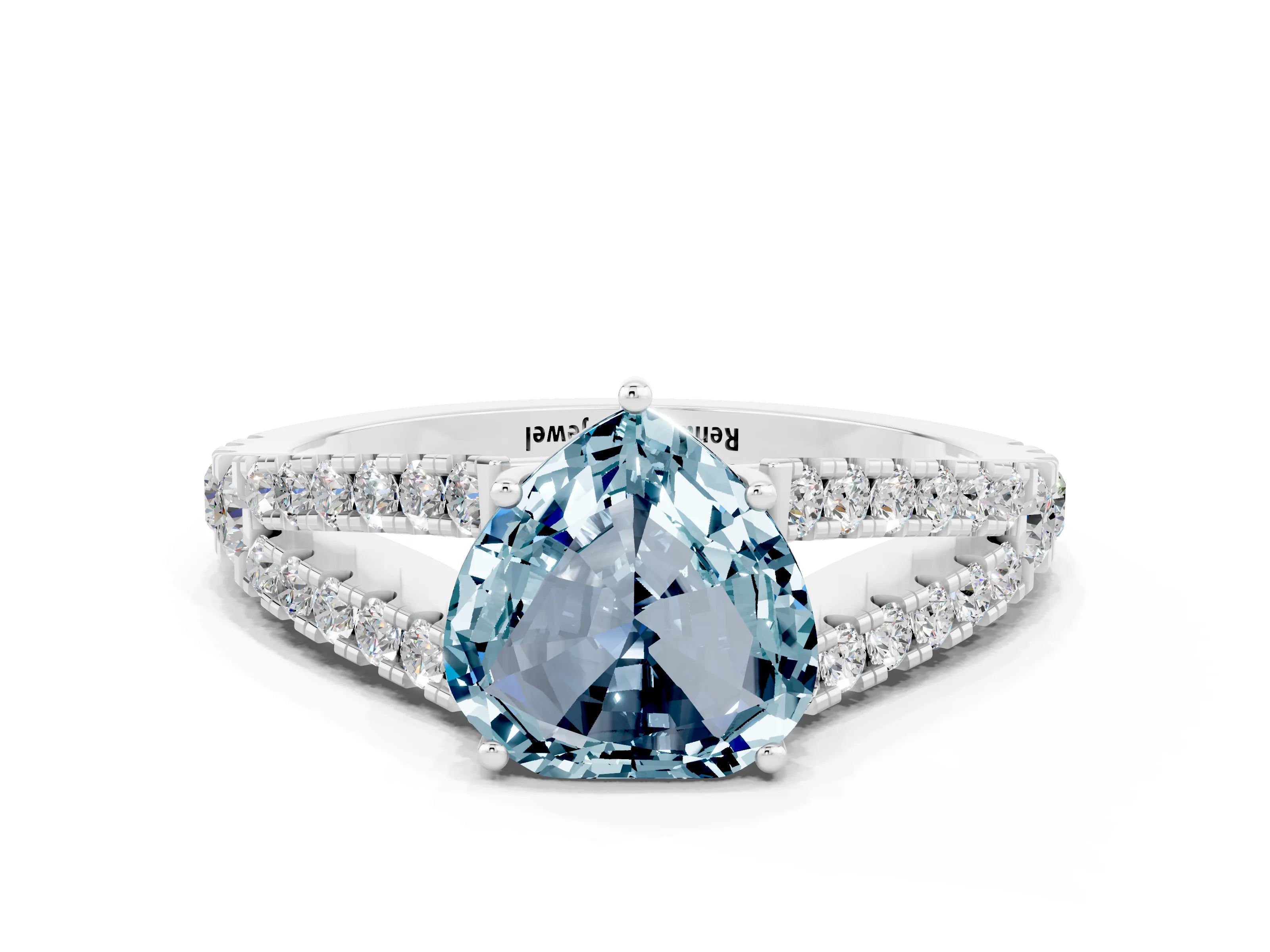 White gold Heart Cut Aquamarine Split Shank Pavé Engagement Ring with Four-Prong Setting_12
