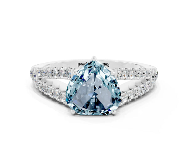 Silver Heart Cut Aquamarine Split Shank Pavé Engagement Ring with Four-Prong Setting