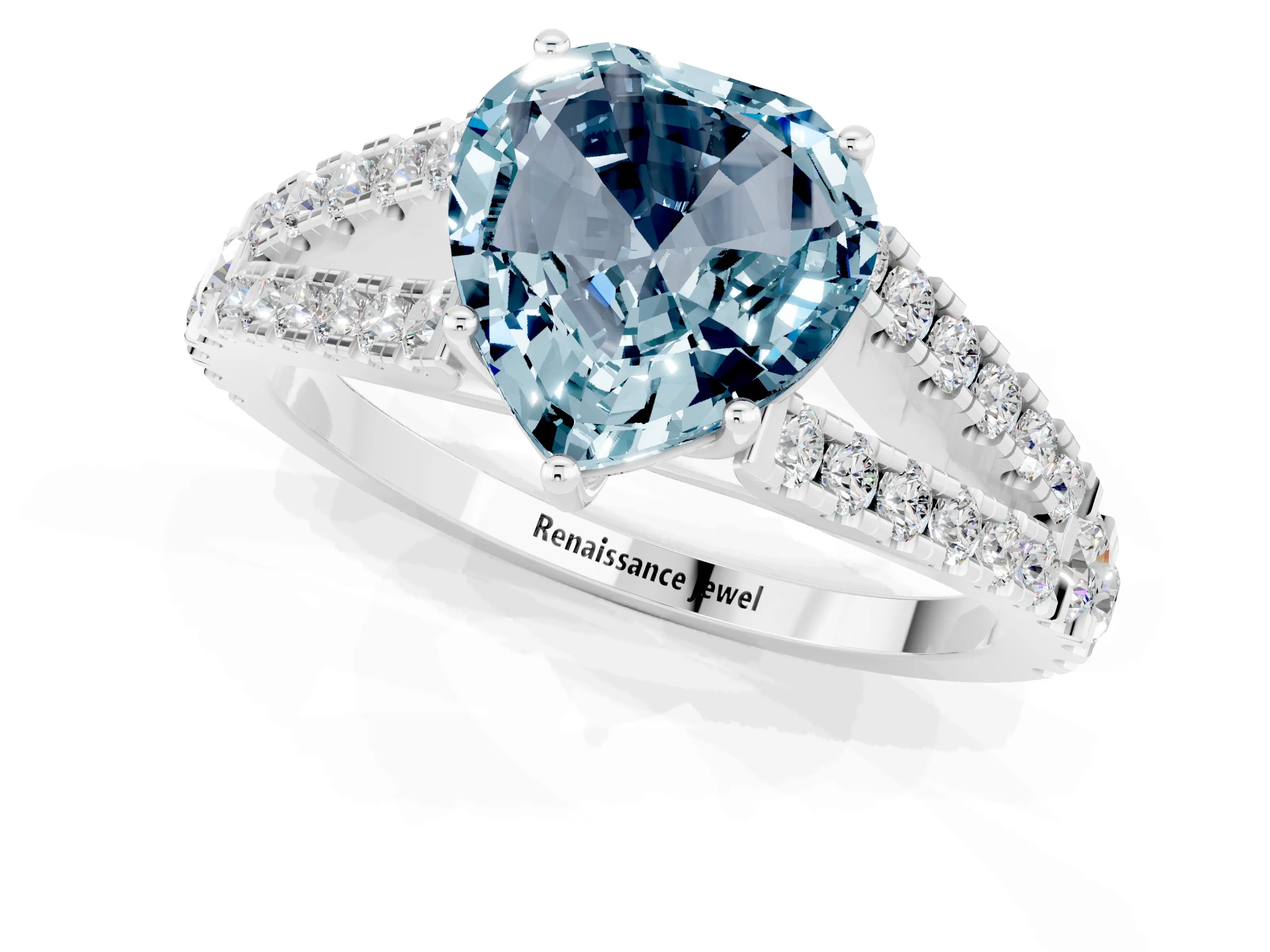 White gold Heart Cut Aquamarine Split Shank Pavé Engagement Ring with Four-Prong Setting_13