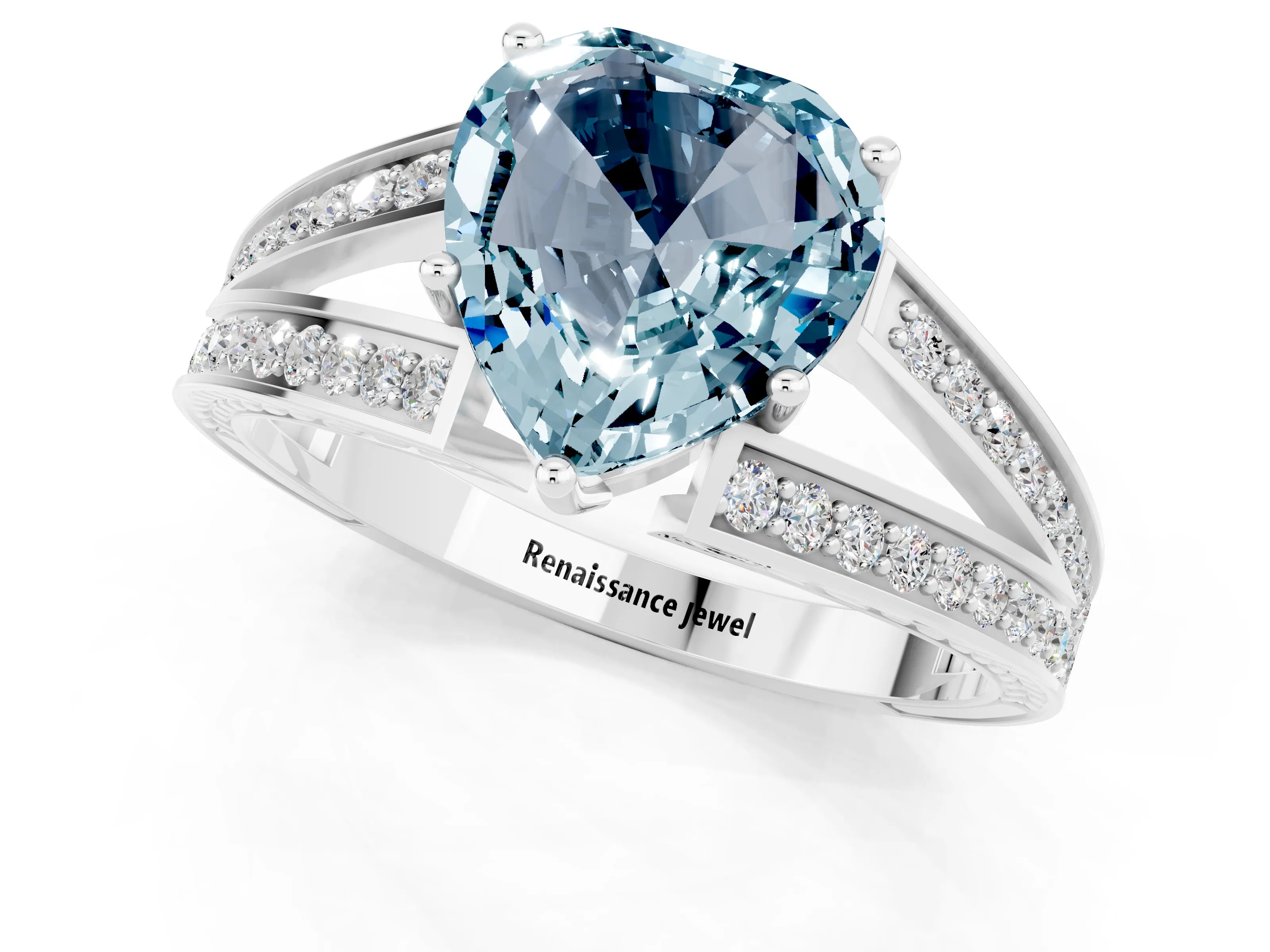 White gold Heart Cut Aquamarine Split Shank Ring with Pavé Band and Four-Prong Setting_1