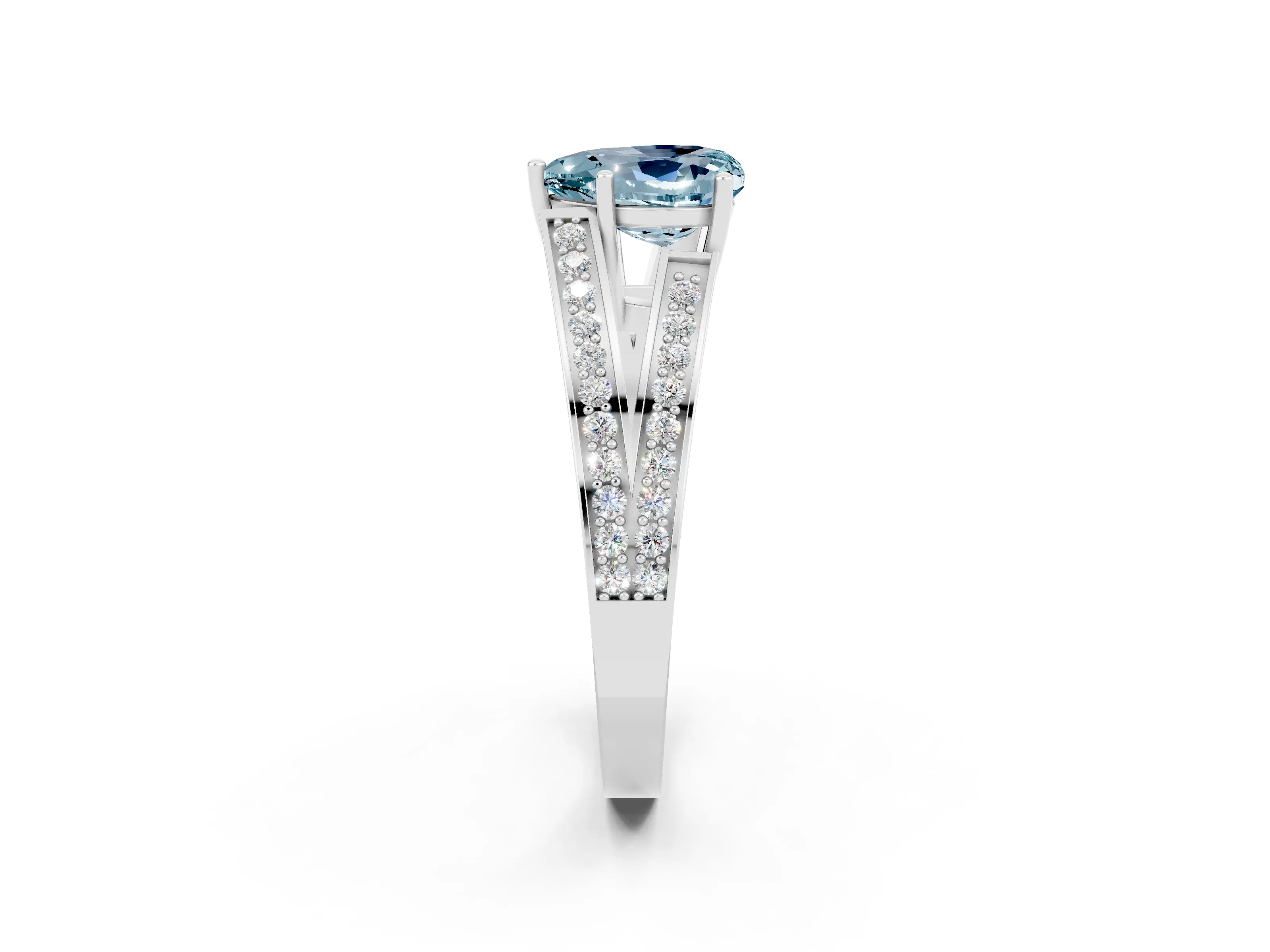 White gold Heart Cut Aquamarine Split Shank Ring with Pavé Band and Four-Prong Setting_2