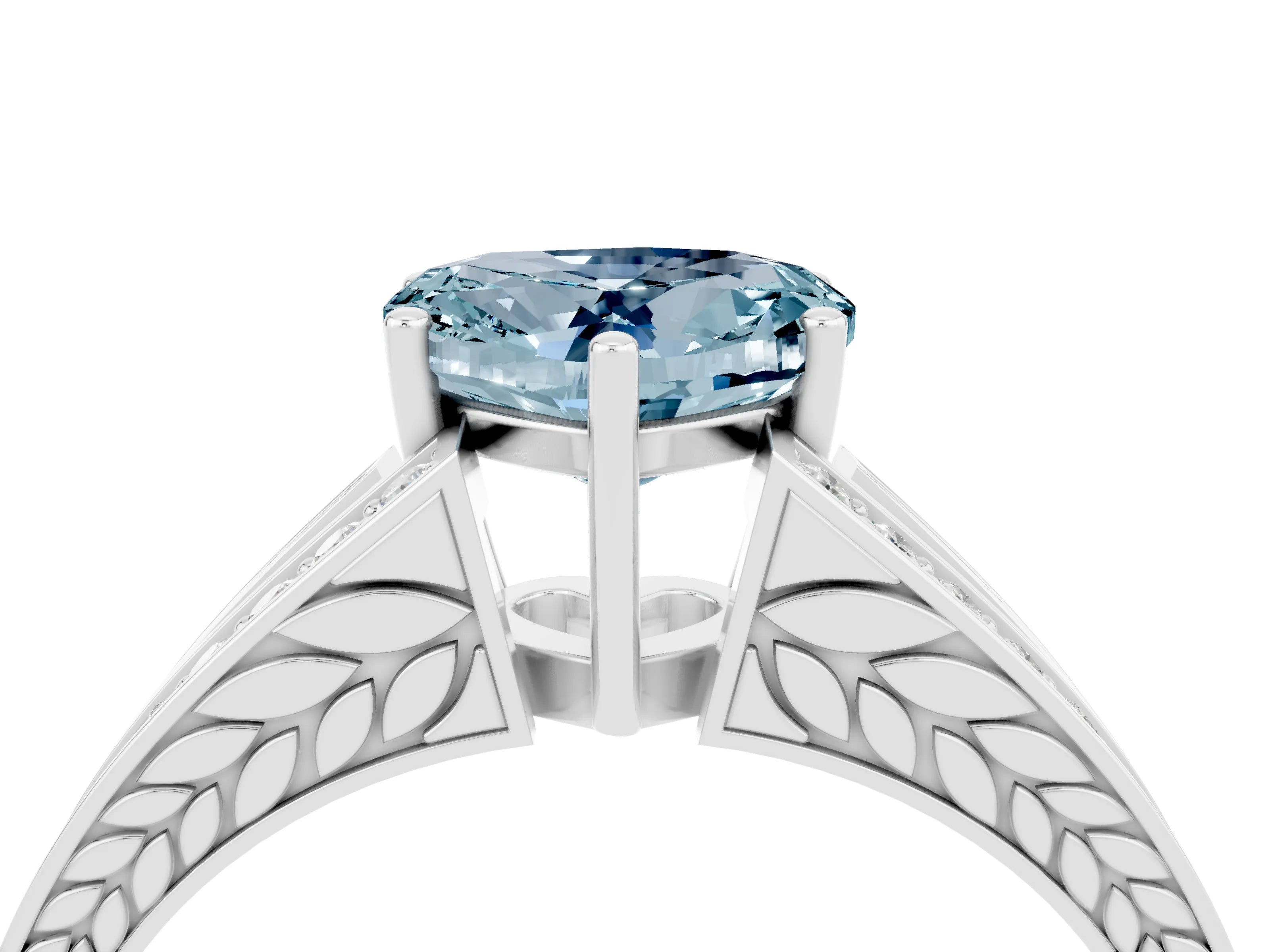White gold Heart Cut Aquamarine Split Shank Ring with Pavé Band and Four-Prong Setting_4