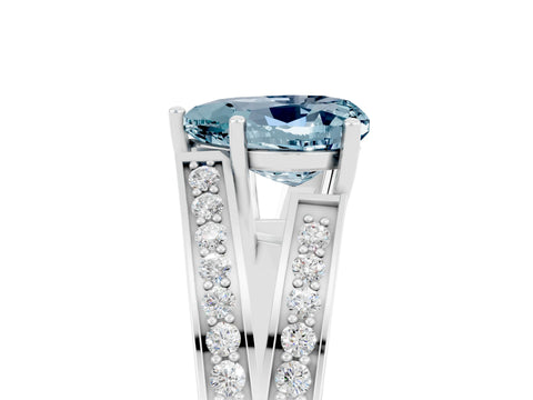 White gold Heart Cut Aquamarine Split Shank Ring with Pavé Band and Four-Prong Setting_5