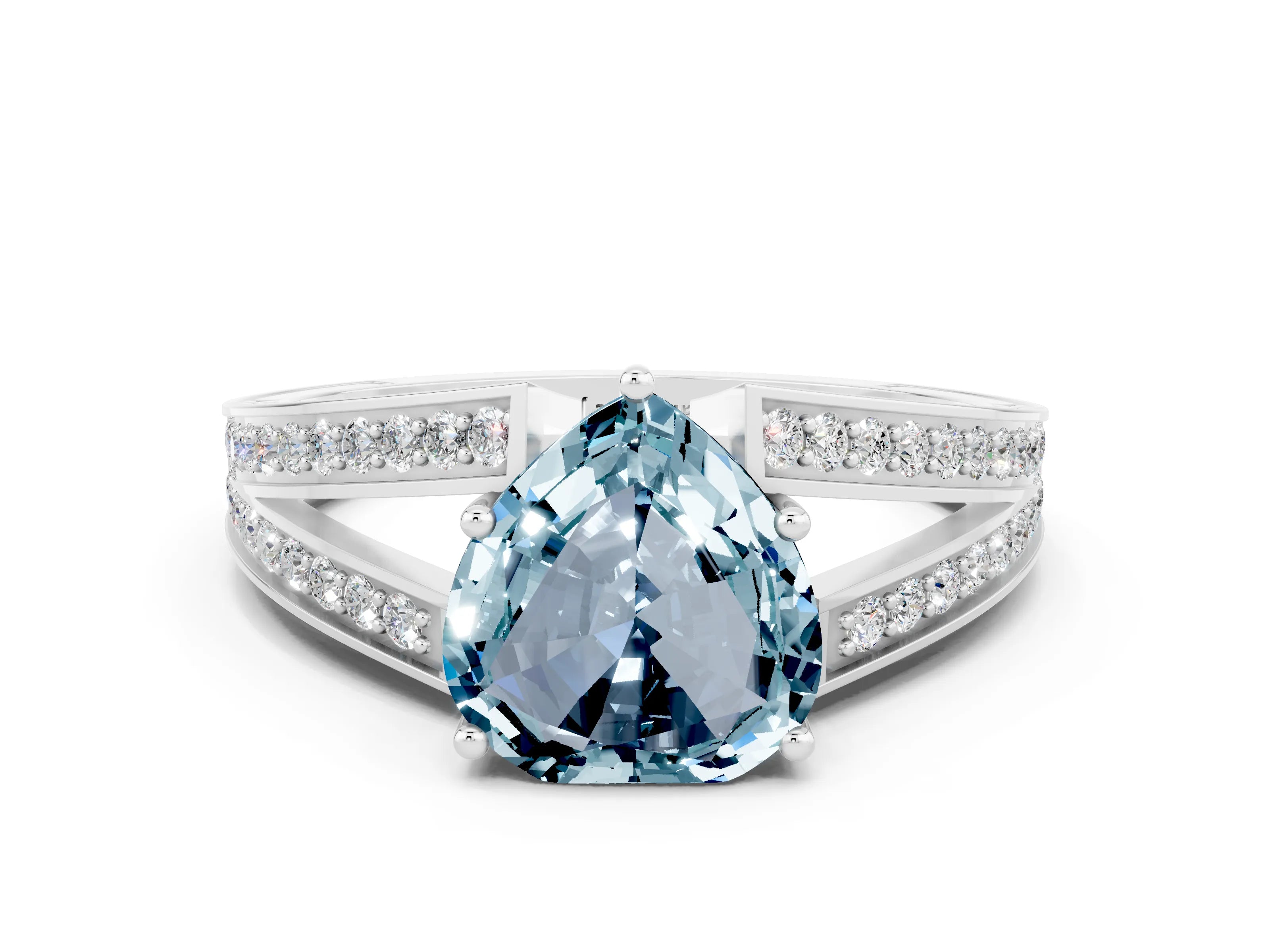 White gold Heart Cut Aquamarine Split Shank Ring with Pavé Band and Four-Prong Setting