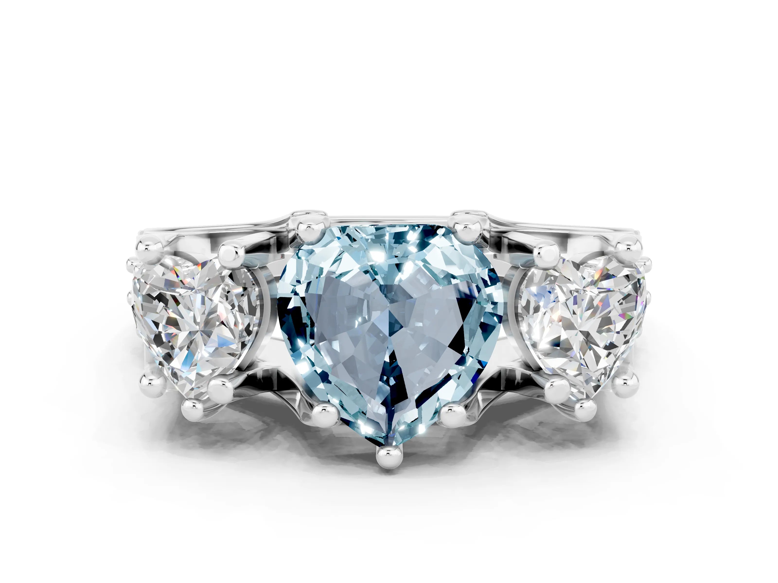White gold Heart Cut Aquamarine Three-Stone Ring with Channel Set Band and Four-Prong Setting