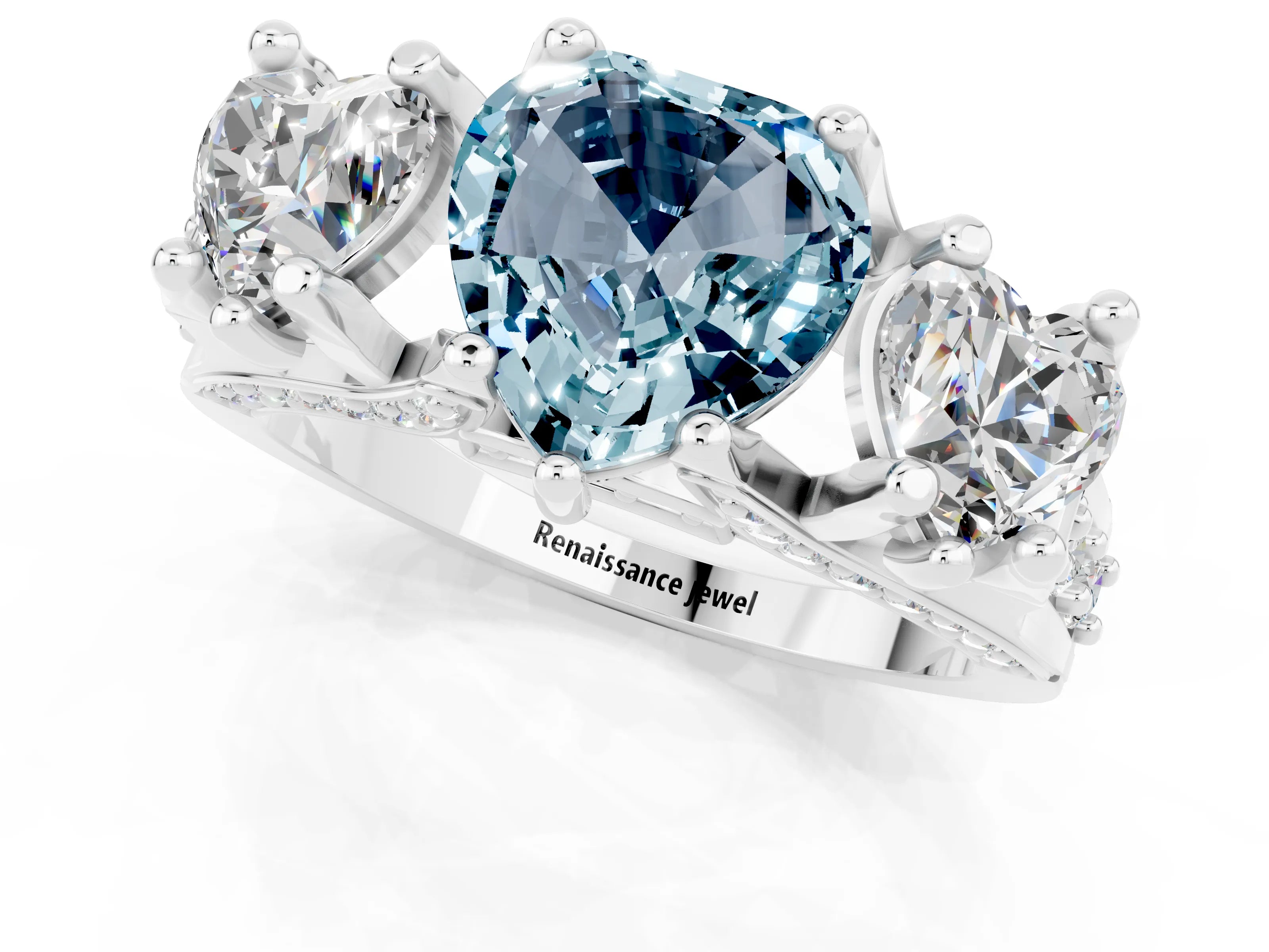 White gold Heart Cut Aquamarine Three-Stone Ring with Channel Set Band and Four-Prong Setting_1