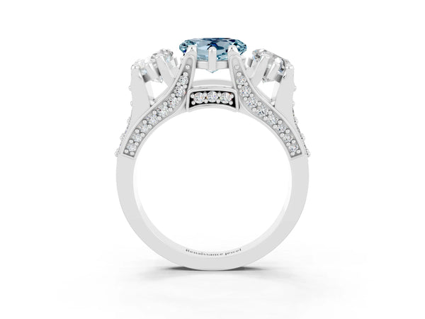 White gold Heart Cut Aquamarine Three-Stone Ring with Channel Set Band and Four-Prong Setting