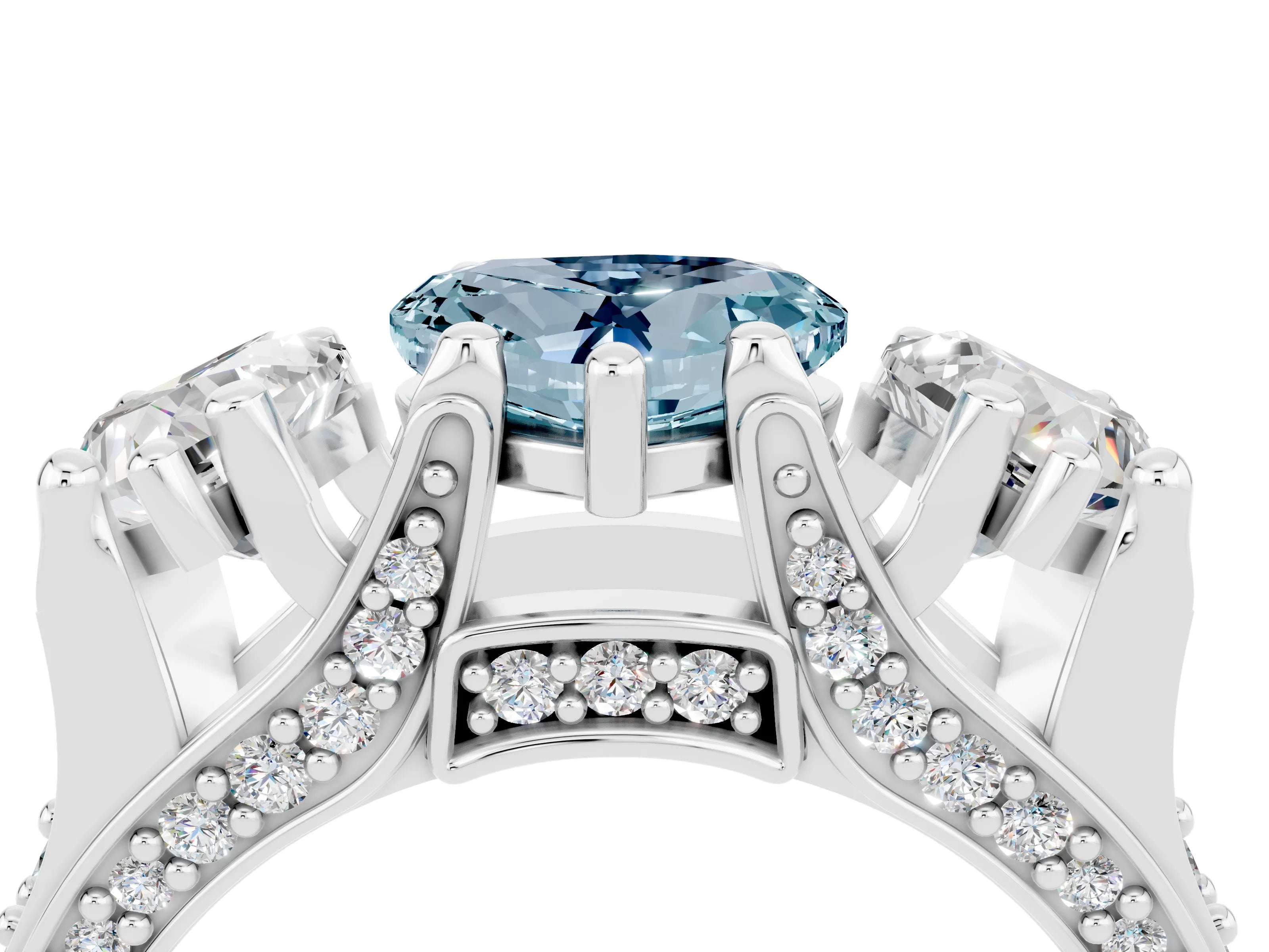 White gold Heart Cut Aquamarine Three-Stone Ring with Channel Set Band and Four-Prong Setting_4