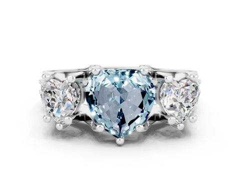 White gold Heart Cut Aquamarine Three-Stone Ring with Channel Set Band and Four-Prong Setting