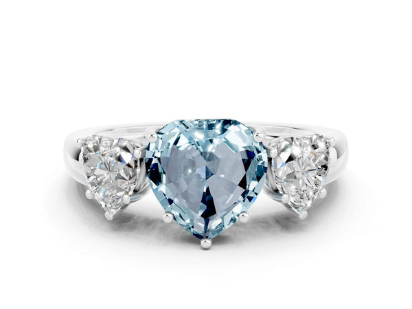 Platinum Heart Cut Aquamarine Three-Stone Ring with Four-Prong Setting and Classic Band