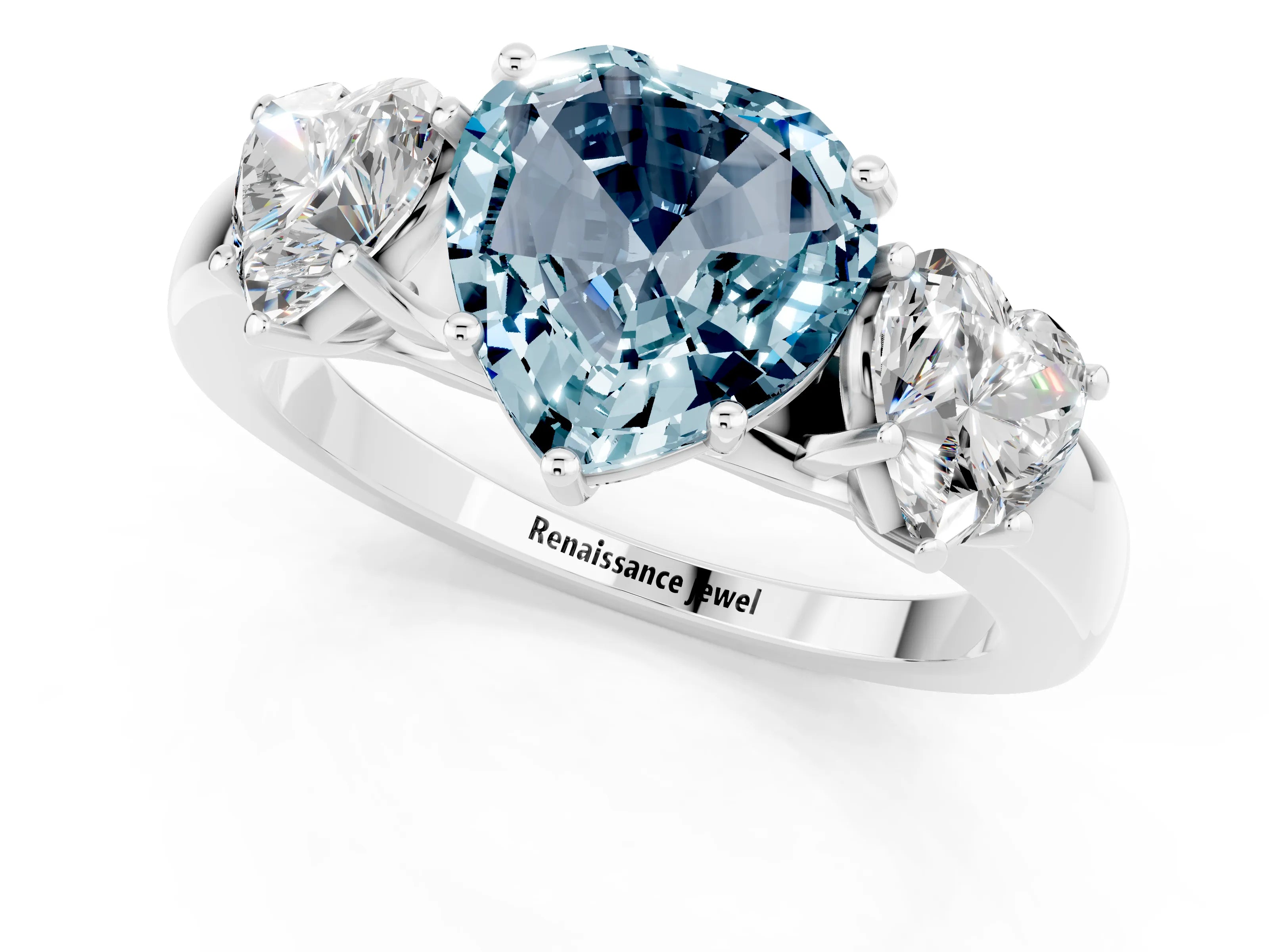 White gold Heart Cut Aquamarine Three-Stone Ring with Four-Prong Setting and Classic Band_1