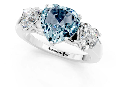 White gold Heart Cut Aquamarine Three-Stone Ring with Four-Prong Setting and Classic Band_1