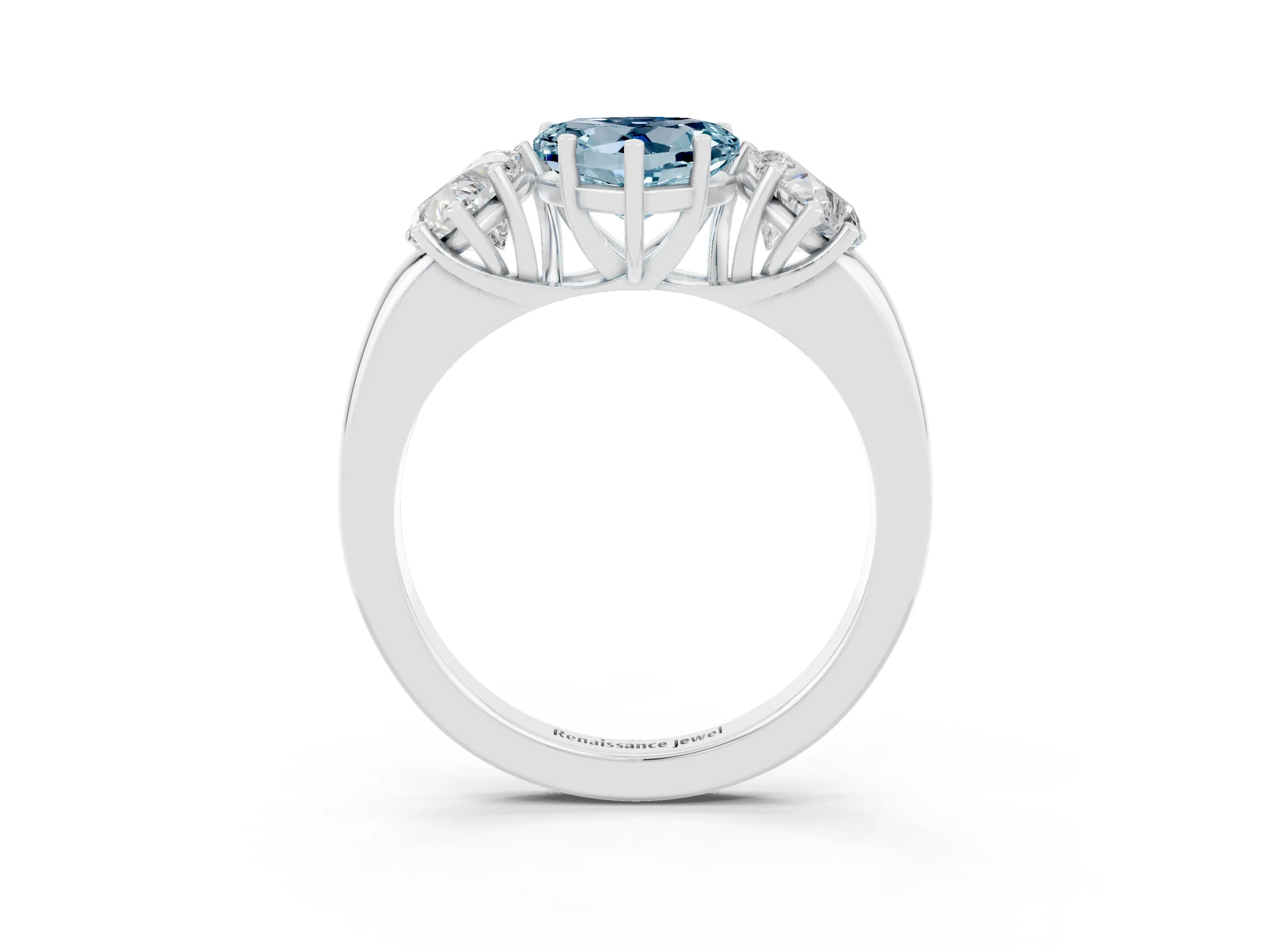 White gold Heart Cut Aquamarine Three-Stone Ring with Four-Prong Setting and Classic Band_3