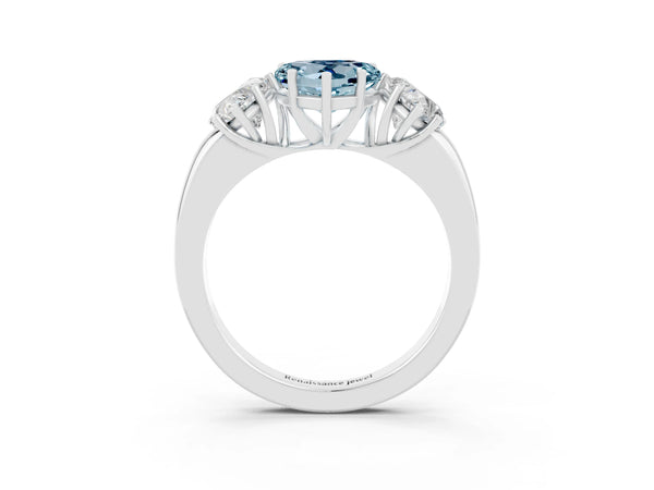 Silver Heart Cut Aquamarine Three-Stone Ring with Four-Prong Setting and Classic Band