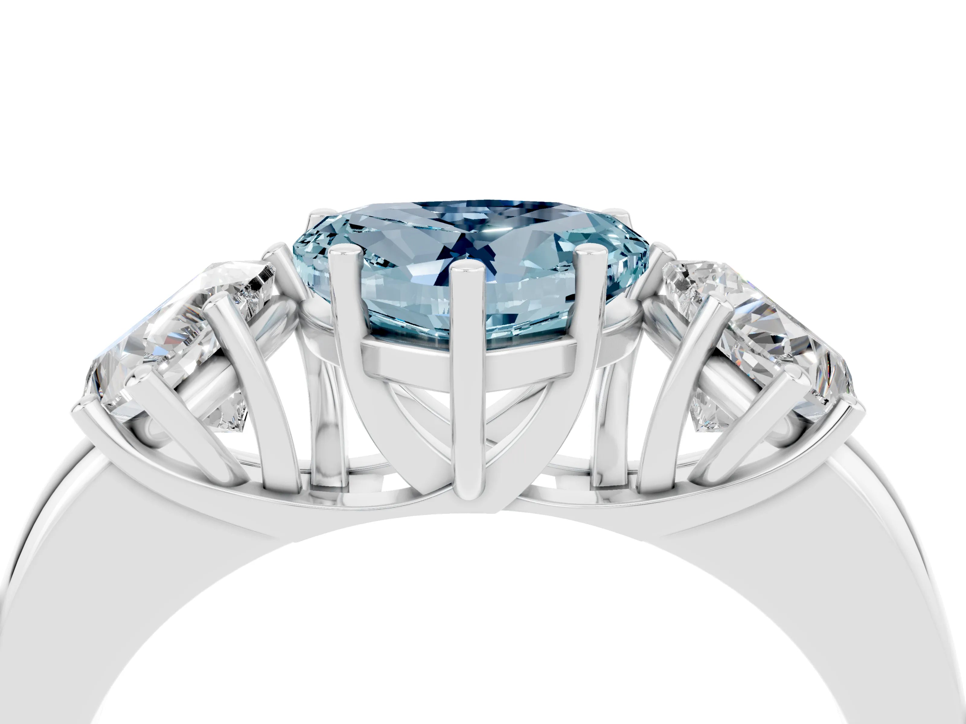 White gold Heart Cut Aquamarine Three-Stone Ring with Four-Prong Setting and Classic Band_4
