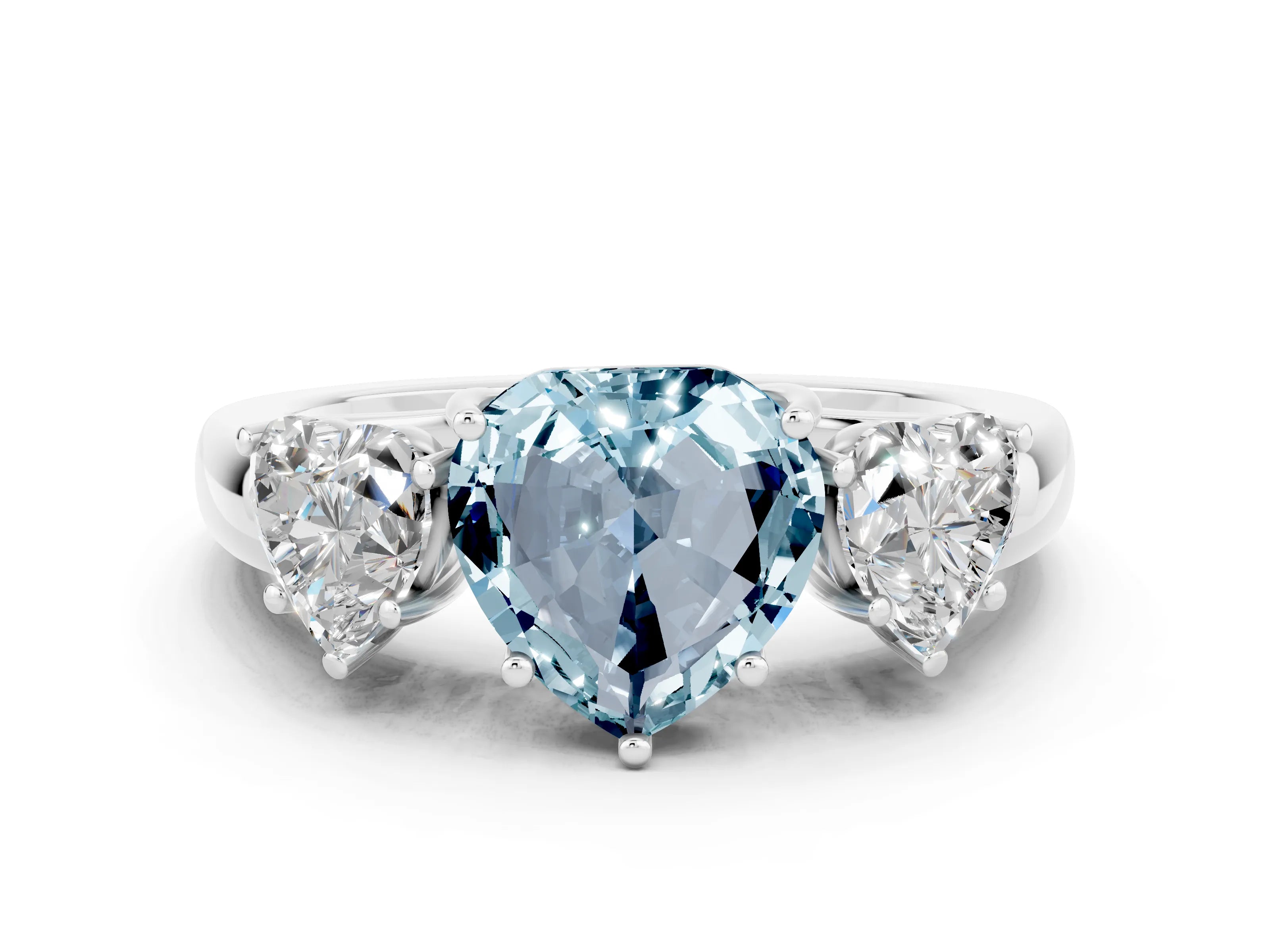 White gold Heart Cut Aquamarine Three-Stone Ring with Four-Prong Setting and Classic Band