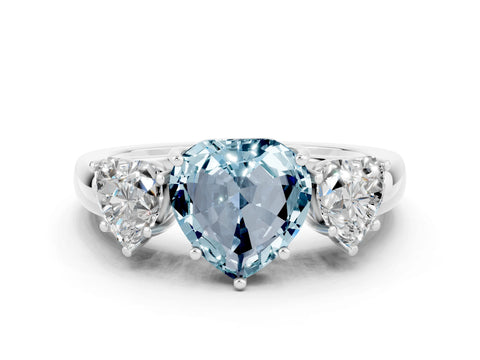 White gold Heart Cut Aquamarine Three-Stone Ring with Four-Prong Setting and Classic Band