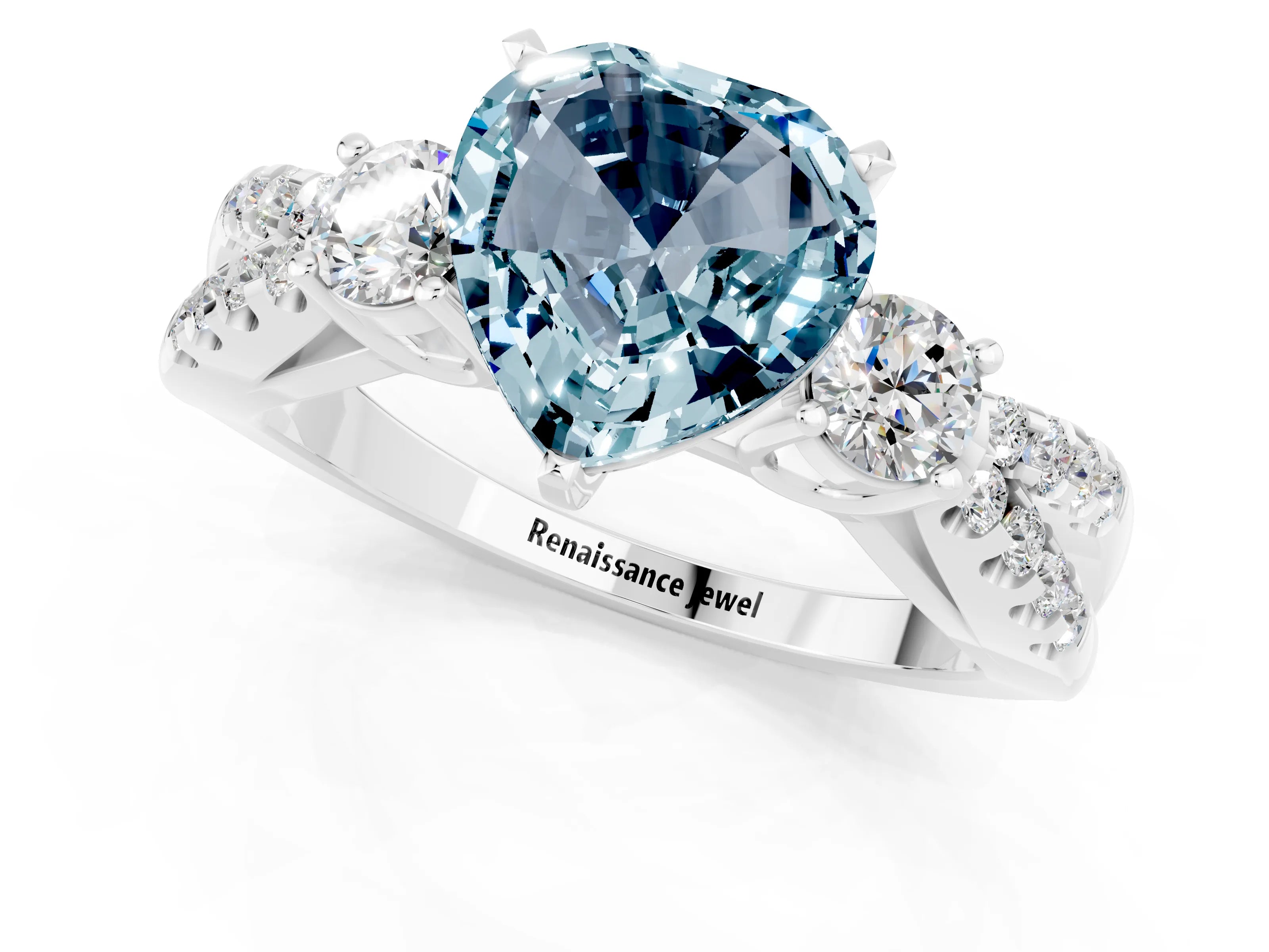 White gold Heart Cut Aquamarine Three-Stone Ring with Pavé Split Shank and Four-Prong Setting_25