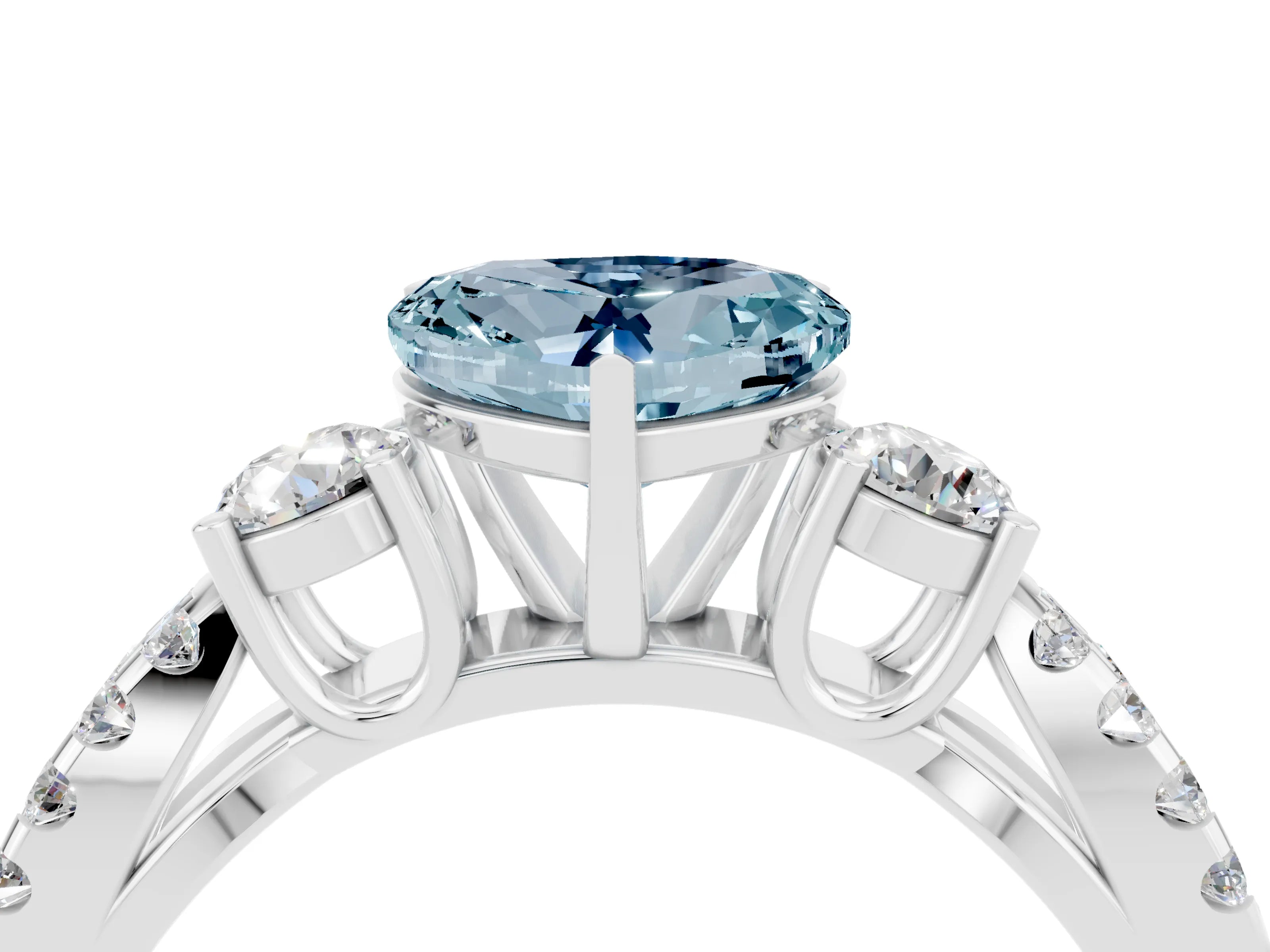 White gold Heart Cut Aquamarine Three-Stone Ring with Pavé Split Shank and Four-Prong Setting_28