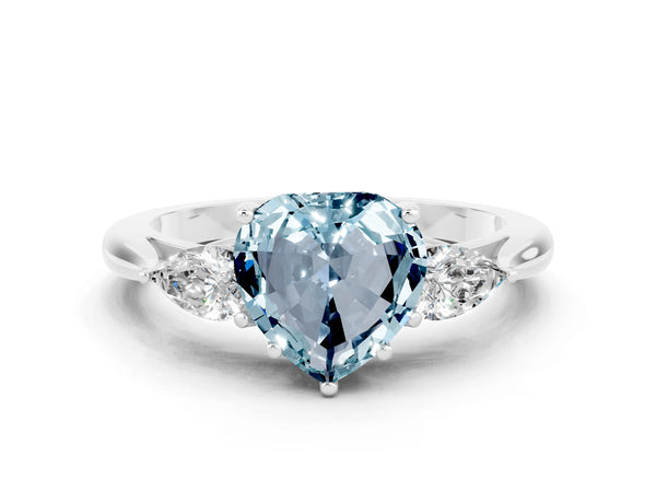 Platinum Heart Cut Aquamarine Three-Stone Ring with Pear  Side Stones and Prong Setting