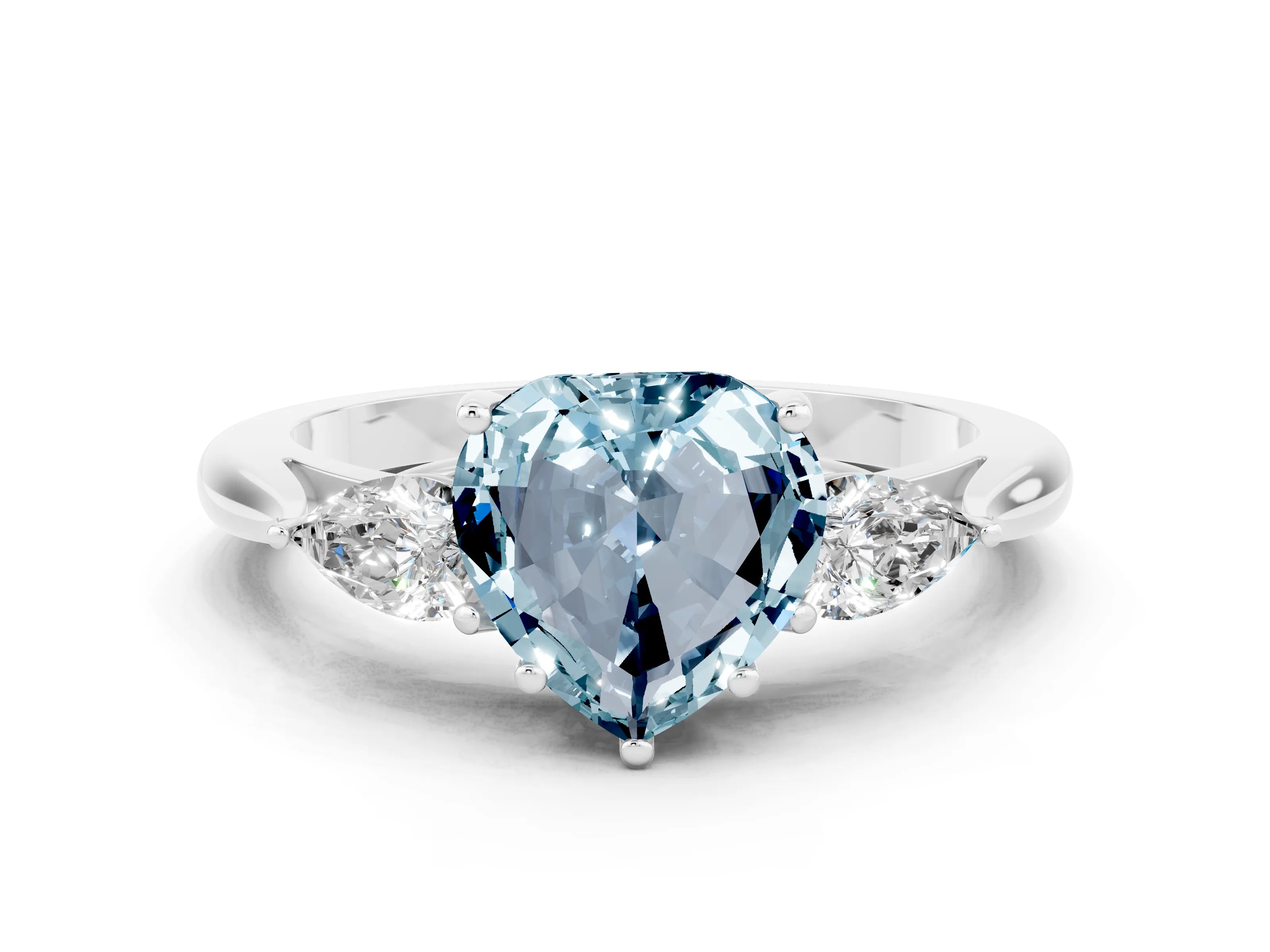 White gold Heart Cut Aquamarine Three-Stone Ring with Pear Side Stones and Four-Prong Setting_12