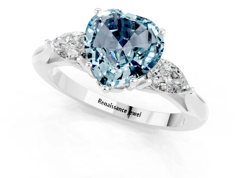 White gold Heart Cut Aquamarine Three-Stone Ring with Pear Side Stones and Four-Prong Setting_13
