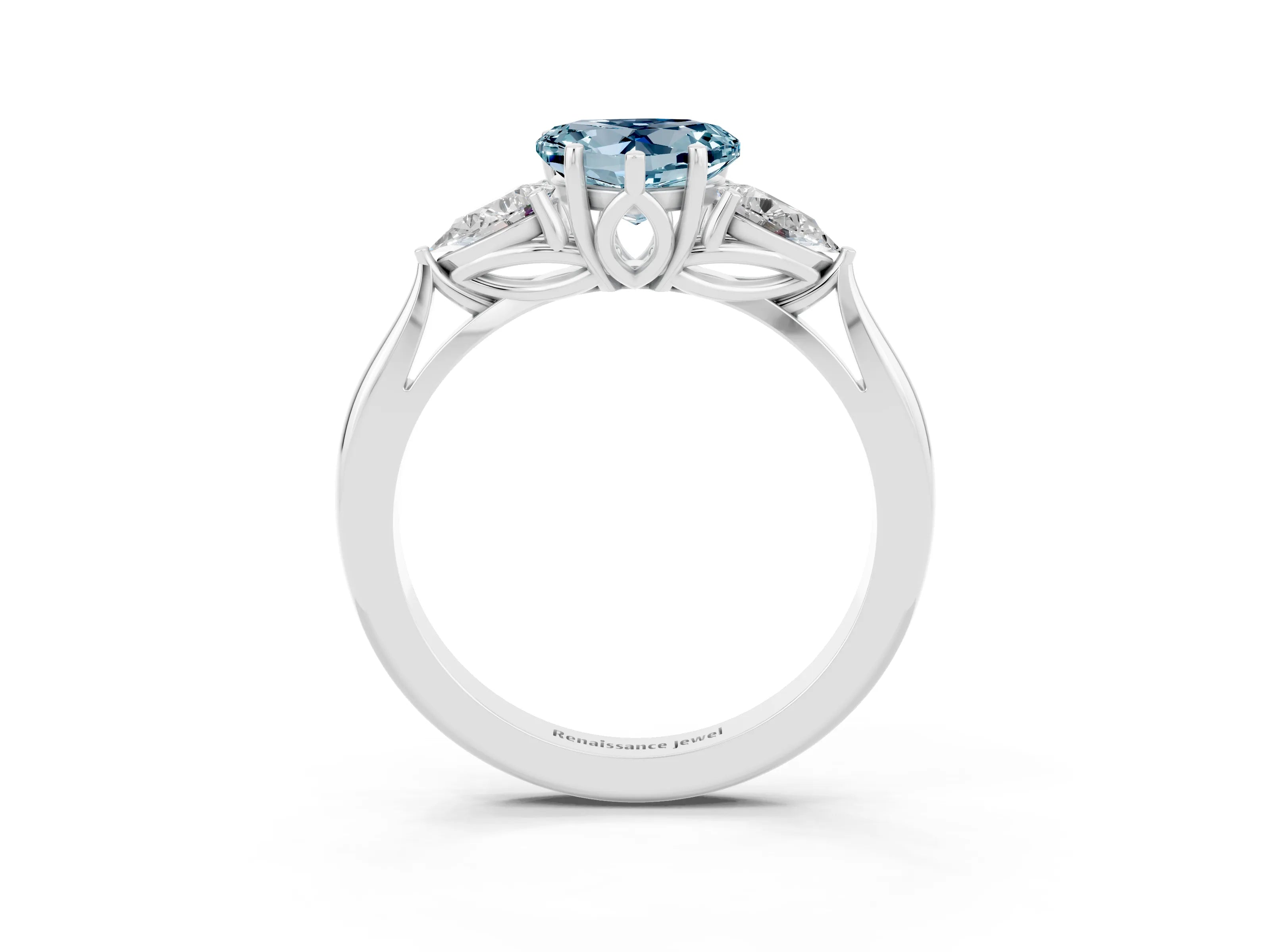 White gold Heart Cut Aquamarine Three-Stone Ring with Pear Side Stones and Four-Prong Setting_15