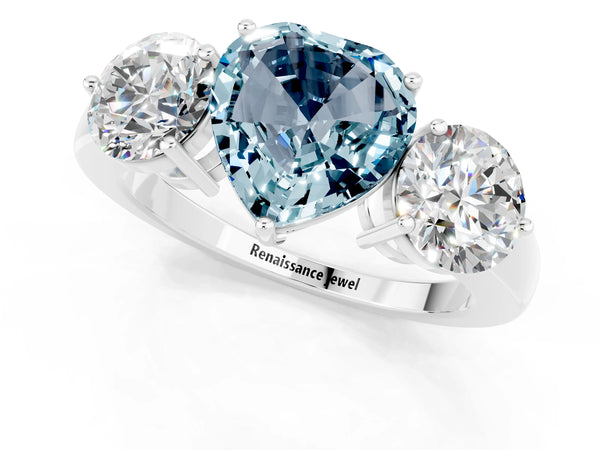 Platinum Heart Cut Aquamarine Three-Stone Ring with Prong Setting and Classic Band