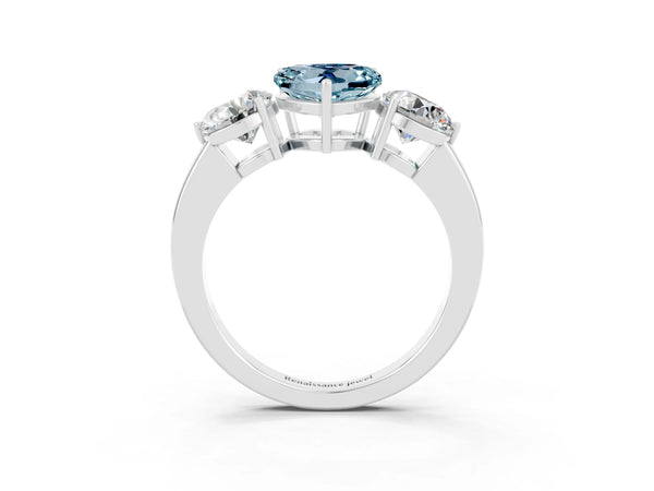 Platinum Heart Cut Aquamarine Three-Stone Ring with Prong Setting and Classic Band
