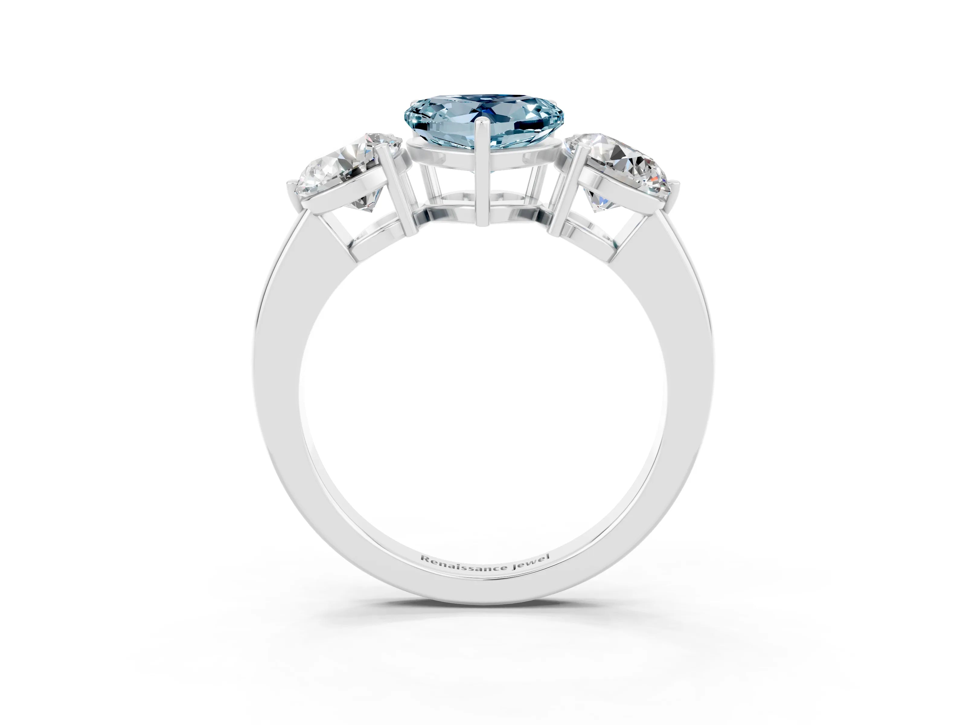 White gold Heart Cut Aquamarine Three-Stone Ring with Prong Setting and Classic Band_3