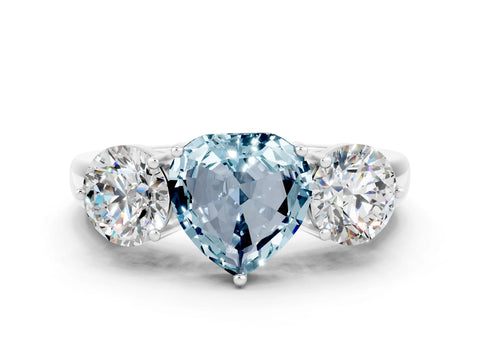 White gold Heart Cut Aquamarine Three-Stone Ring with Prong Setting and Classic Band