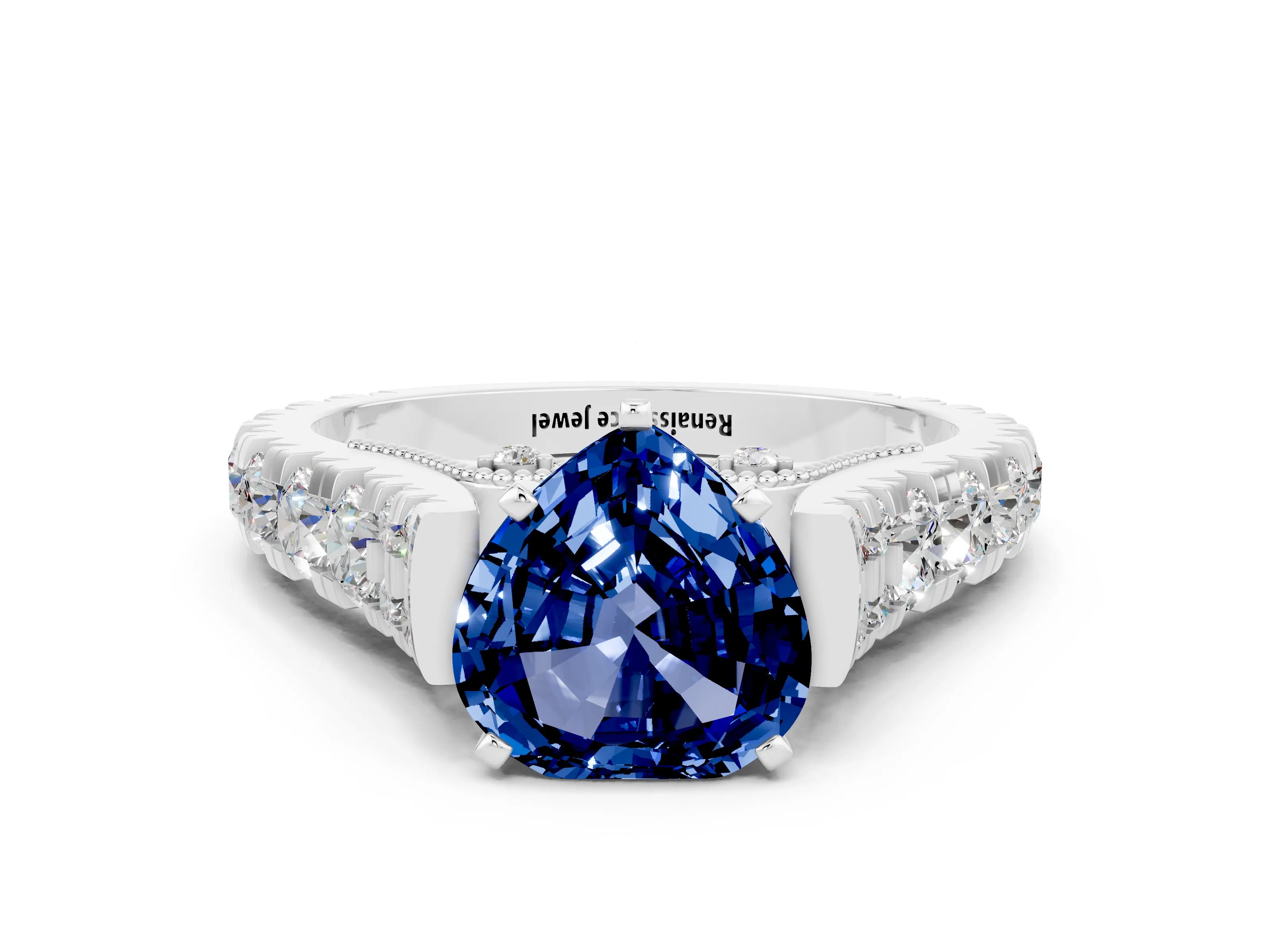 White gold Heart Cut Blue Sapphire Classic Solitaire Ring with Pavé Band and Four-Prong Setting