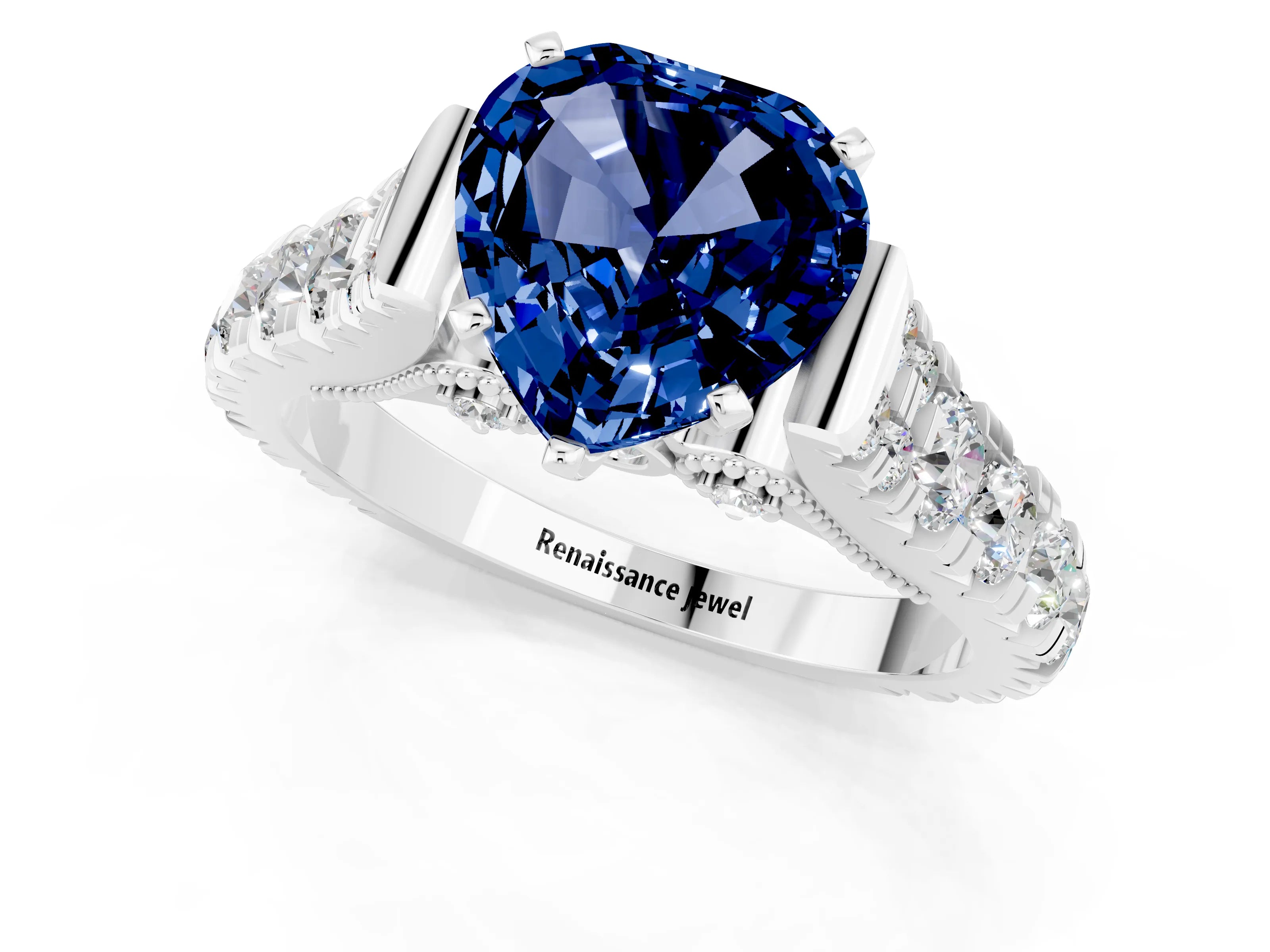 White gold Heart Cut Blue Sapphire Classic Solitaire Ring with Pavé Band and Four-Prong Setting_1