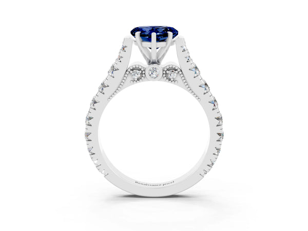 Silver Heart Cut Blue Sapphire Classic Solitaire Ring with Pavé Band and Four-Prong Setting
