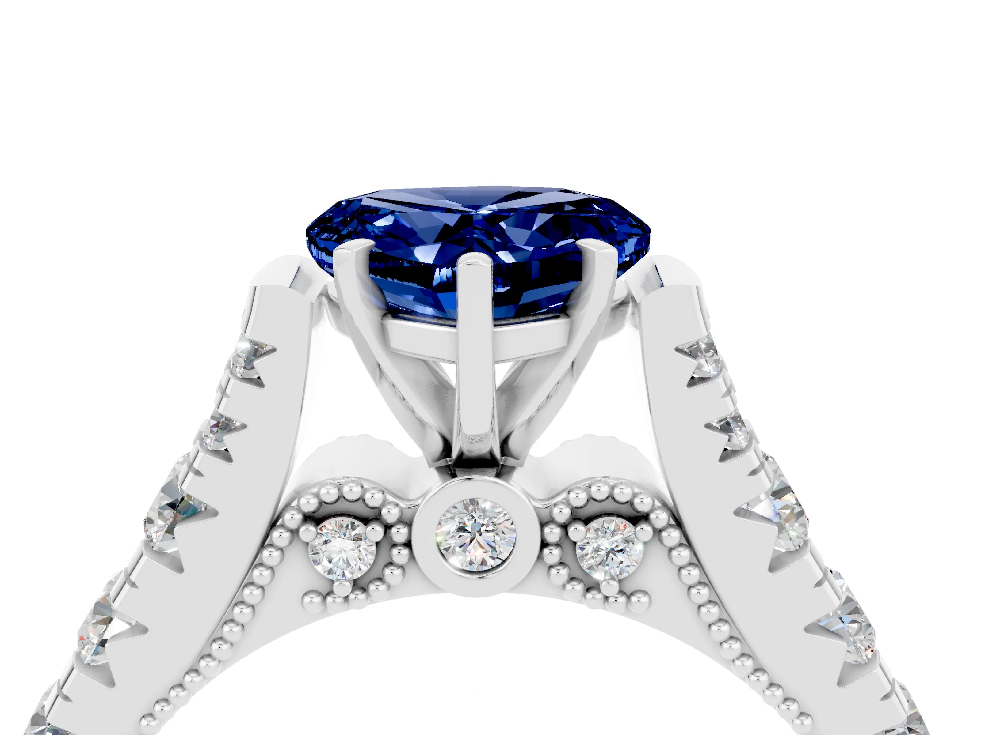 White gold Heart Cut Blue Sapphire Classic Solitaire Ring with Pavé Band and Four-Prong Setting_4