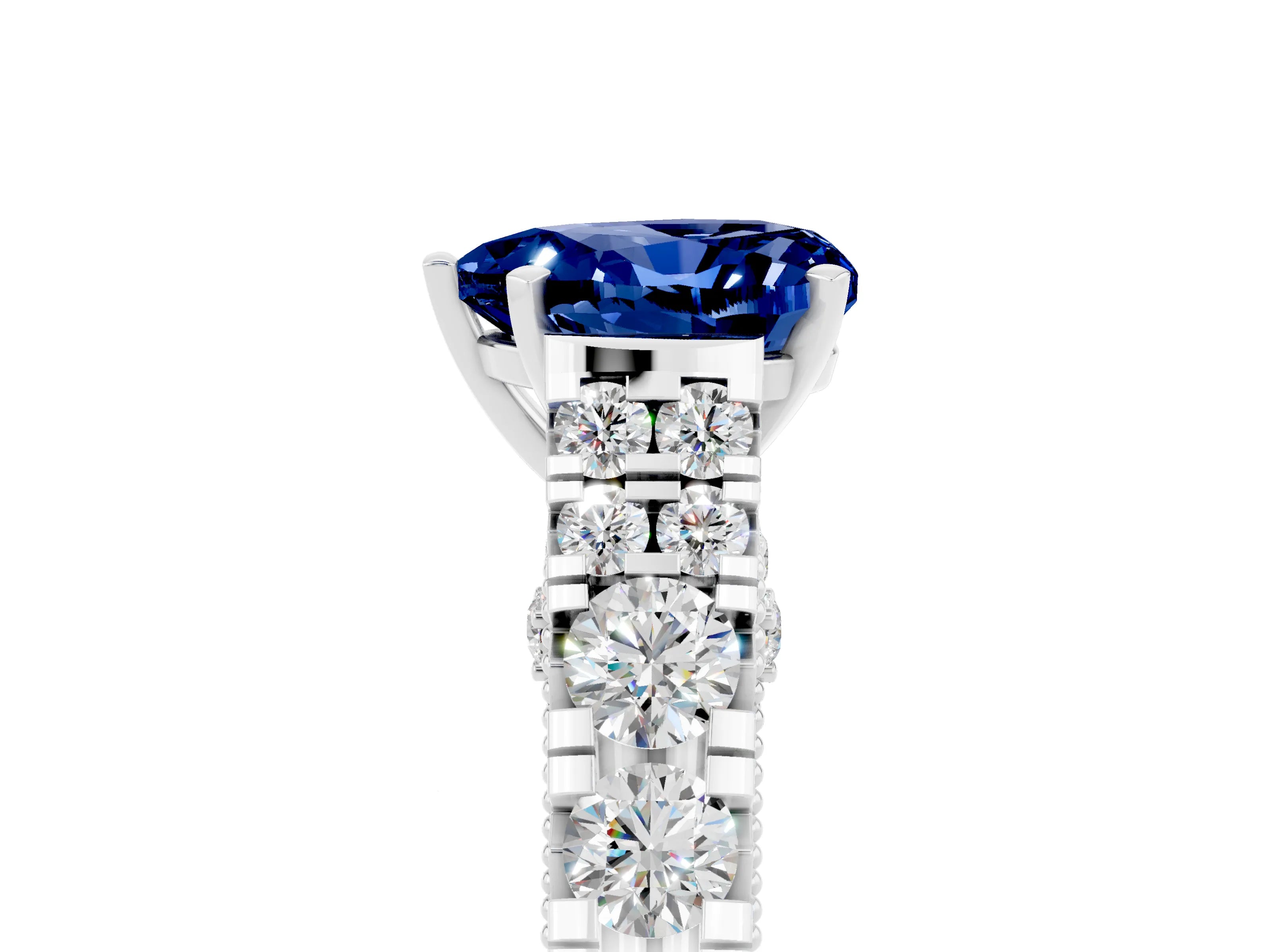 White gold Heart Cut Blue Sapphire Classic Solitaire Ring with Pavé Band and Four-Prong Setting_5