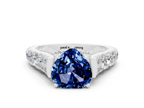 White gold Heart Cut Blue Sapphire Classic Solitaire Ring with Pavé Band and Four-Prong Setting