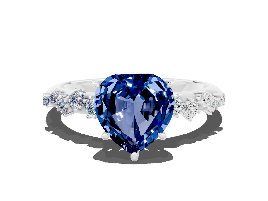 White gold Heart Cut Blue Sapphire Cluster Side Stone Solitaire Ring with Prong Setting_24