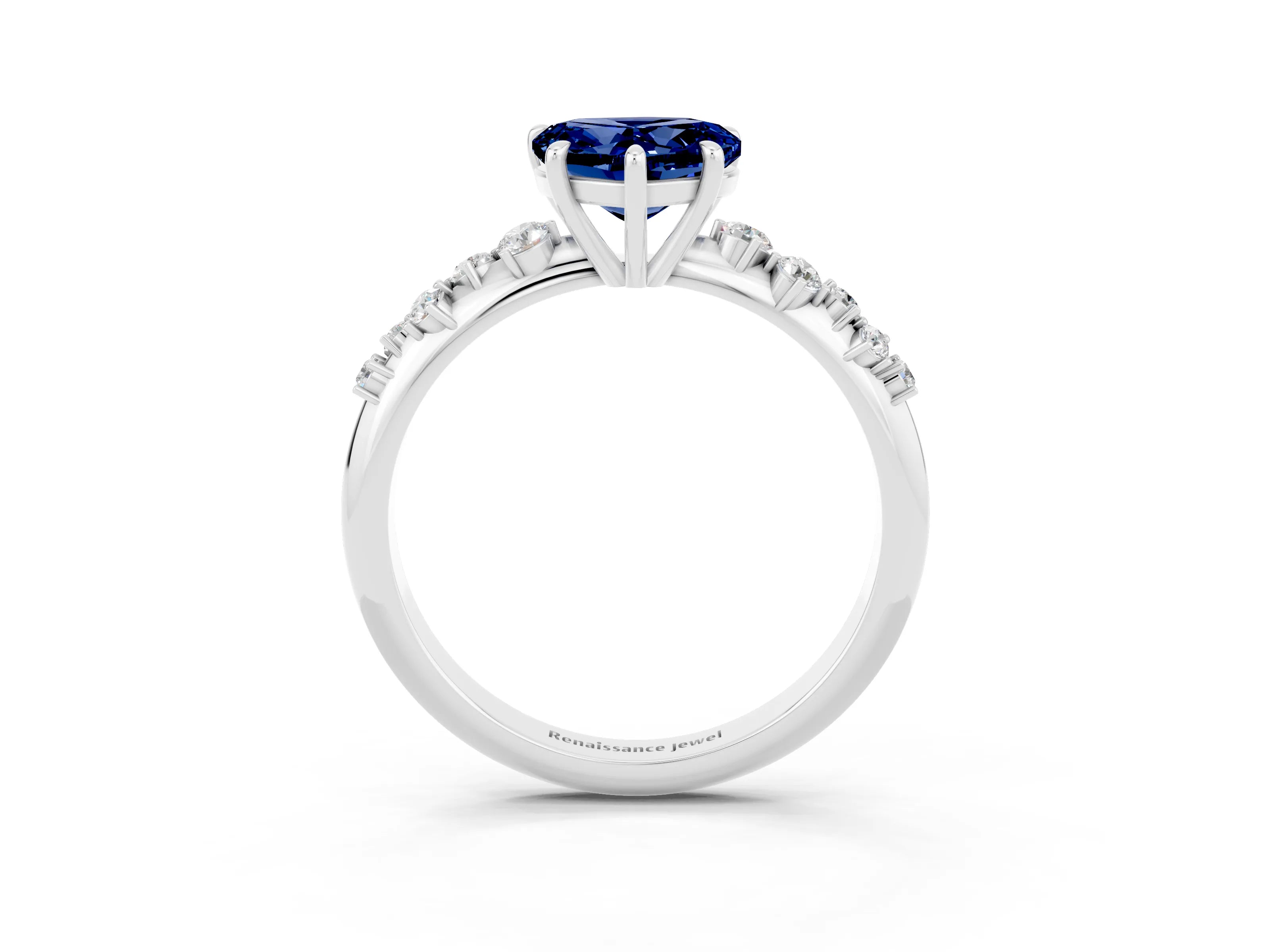 White gold Heart Cut Blue Sapphire Cluster Side Stone Solitaire Ring with Prong Setting_27