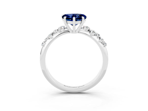 White gold Heart Cut Blue Sapphire Cluster Side Stone Solitaire Ring with Prong Setting