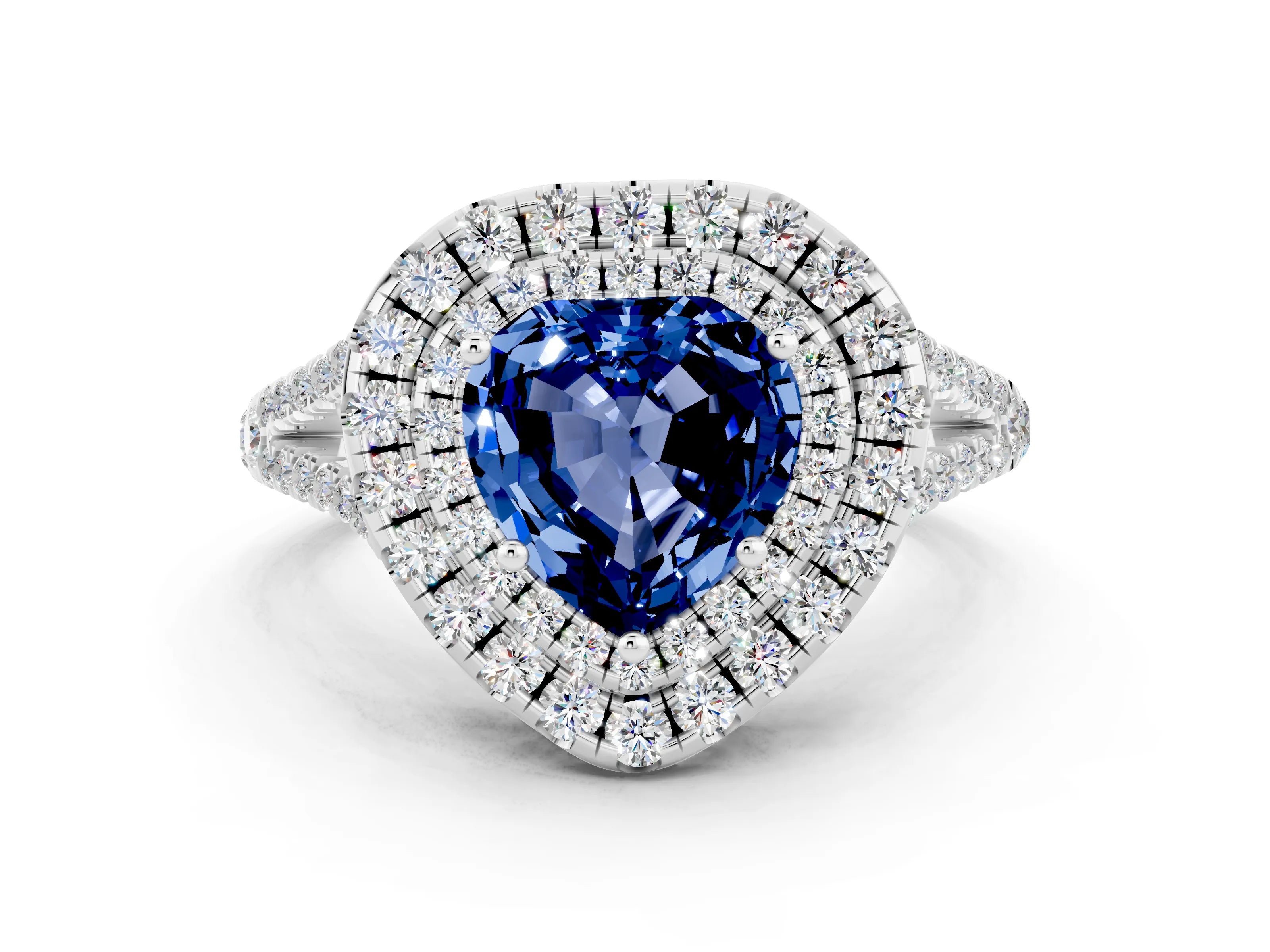 White gold Heart Cut Blue Sapphire Double Halo Ring with Pavé Band and Prong Setting_12