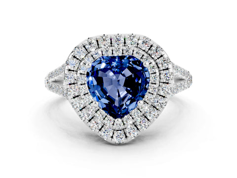 White gold Heart Cut Blue Sapphire Double Halo Ring with Pavé Band and Prong Setting_12