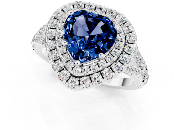 Platinum Heart Cut Blue Sapphire Double Halo Ring with Pavé Band and Prong Setting