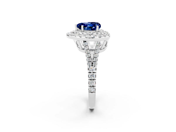 Silver Heart Cut Blue Sapphire Double Halo Ring with Pavé Band and Prong Setting